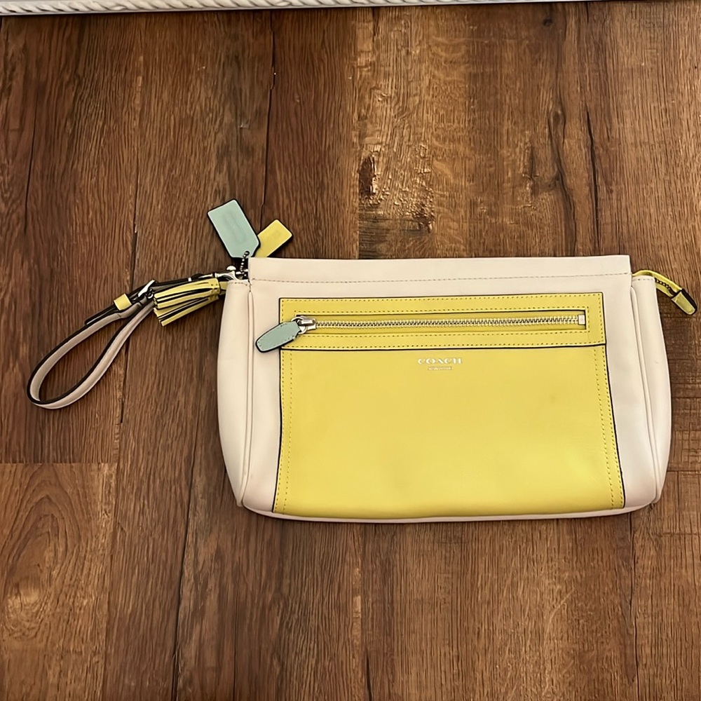 Coach yellow beige leather wristlet clutch